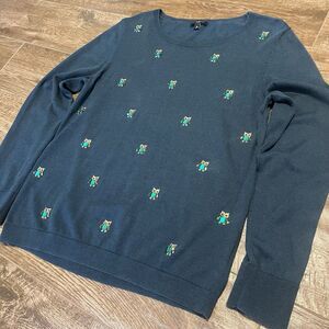 Talbots Pullover Sweater Petite Medium Owl Jewel Embellished Crew Neck Green